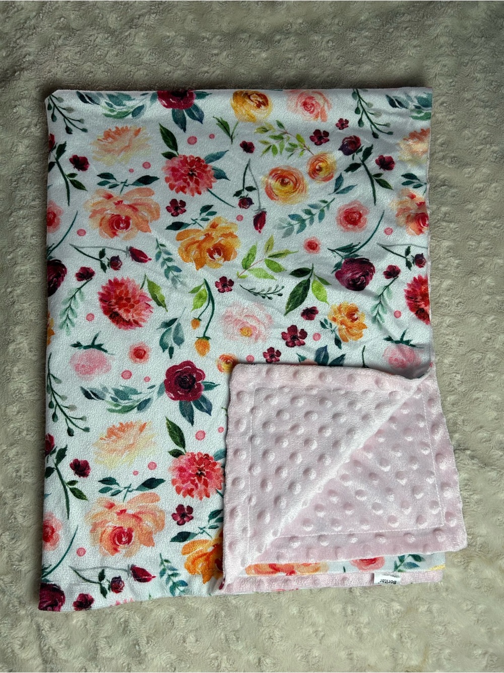 Boritar Floral Baby Blanket Pink Minky Dot Reversible White Green Leaves Orange